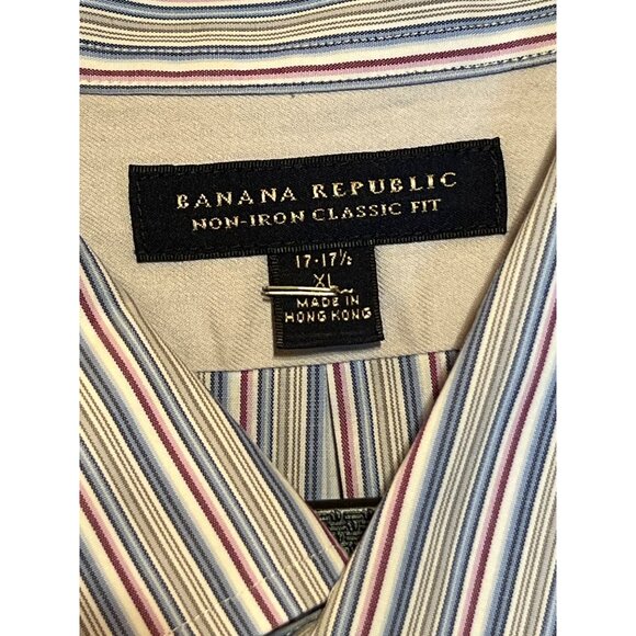 Banana Republic Mens Non-Iron Classic Fit Dress Shirt 17-17.5 Blue White Stripe - Picture 9 of 11